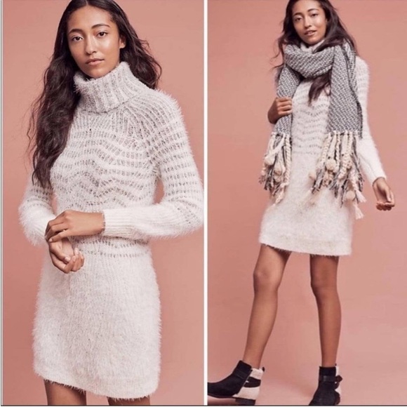 Anthropologie Dresses & Skirts - Anthropologie Sleeping on Snow Turtleneck eyelash sweater dress gray cream small